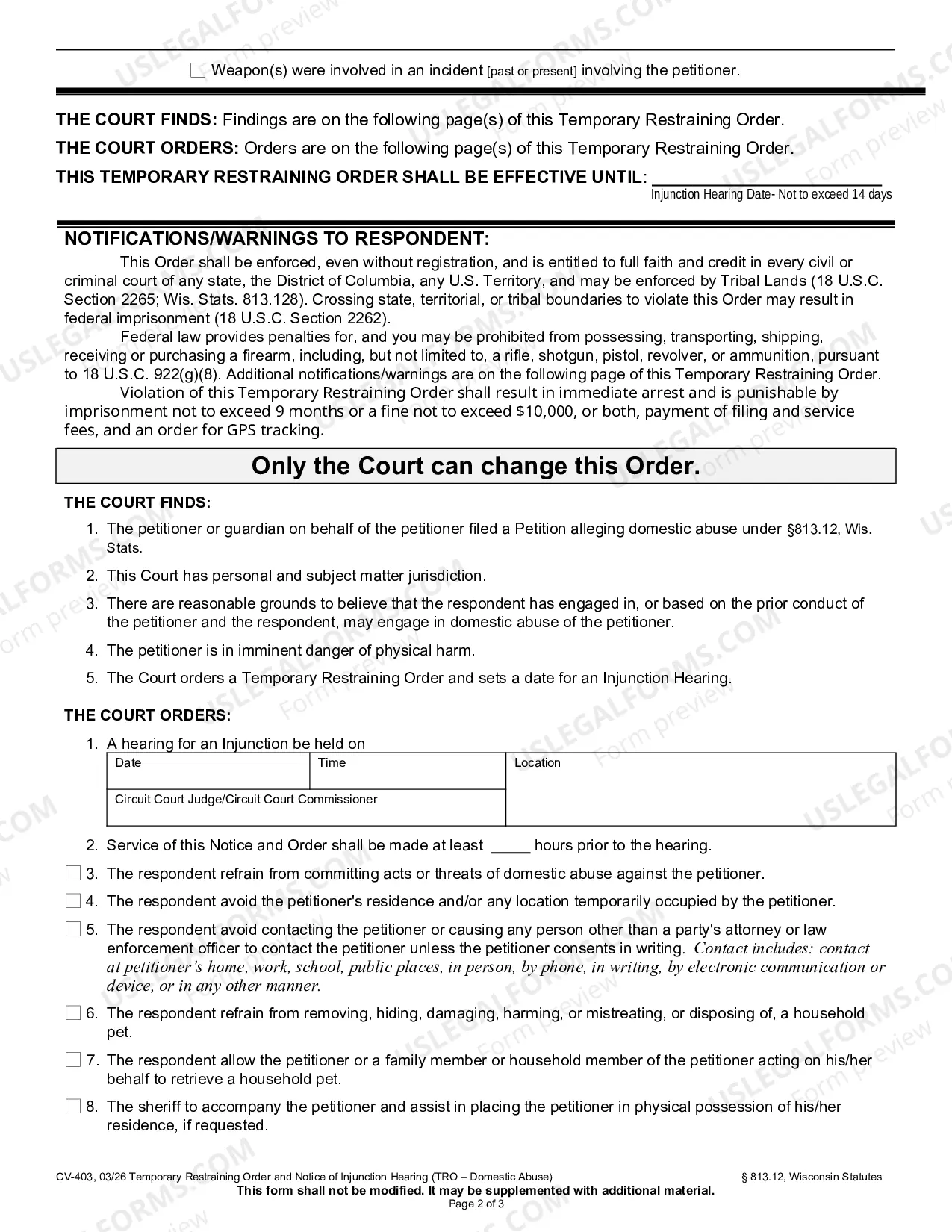 Preview Temporary Restraining Order and Notice of Injunction Hearing (Domestic Abuse)