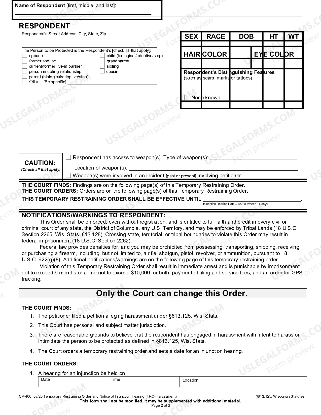 Preview Temporary Restraining Order and Notice of Injunction Hearing (Harassment)