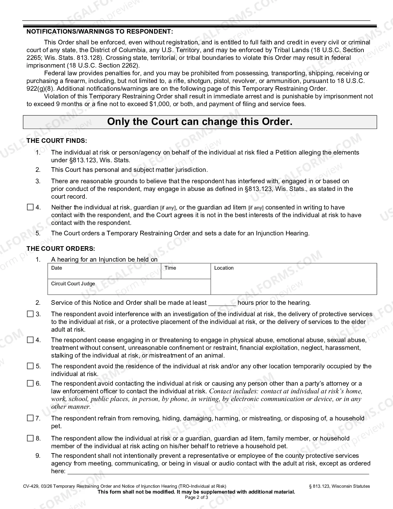 Preview Temporary Restraining Order and Notice of Injunction Hearing (Individual at Risk)