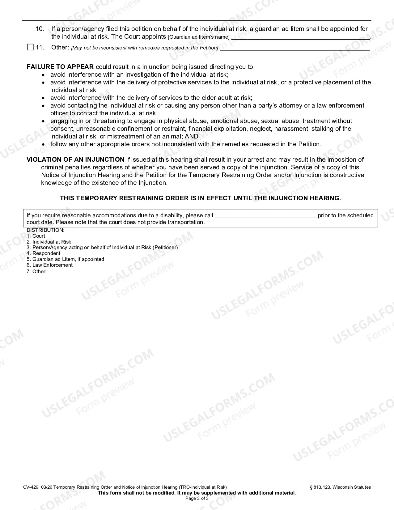Preview Temporary Restraining Order and Notice of Injunction Hearing (Individual at Risk)