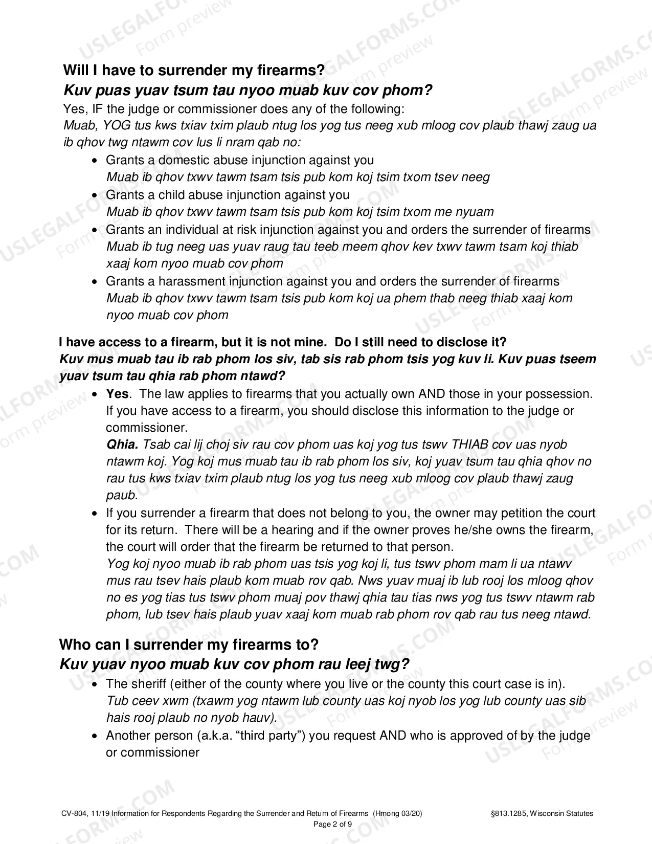 Preview Information for Respondents Regarding the Surrender and Return of Firearms