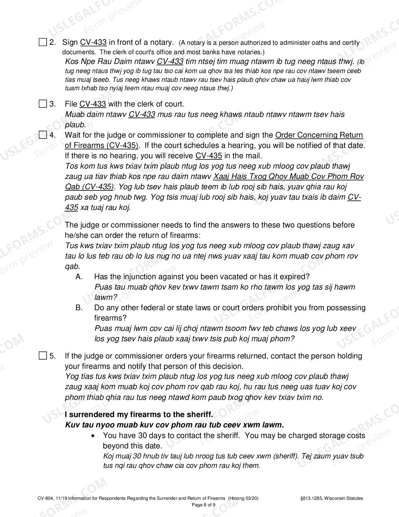 Preview Information for Respondents Regarding the Surrender and Return of Firearms