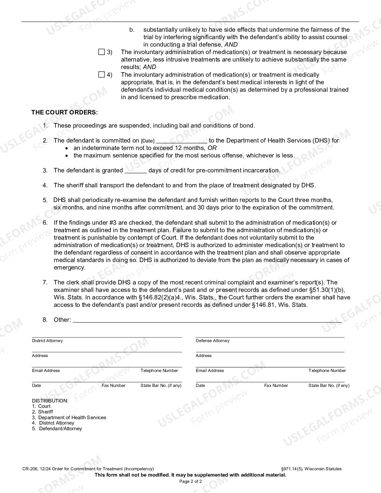 Preview Order of Commitment for Treatment (Incompetency)