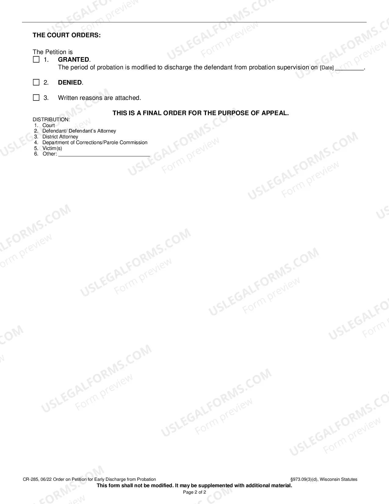 Preview Order on Petition for Early Discharge from Probation 973.09(3)(d)