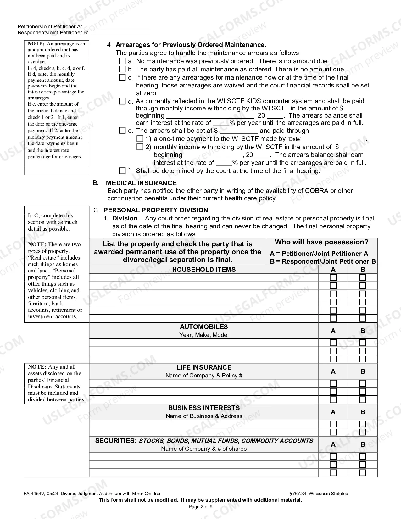 Preview Divorce Judgment Addendum with Minor Children