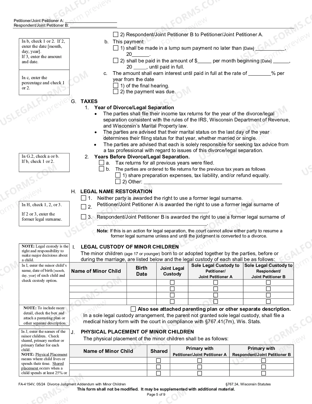 Preview Divorce Judgment Addendum with Minor Children