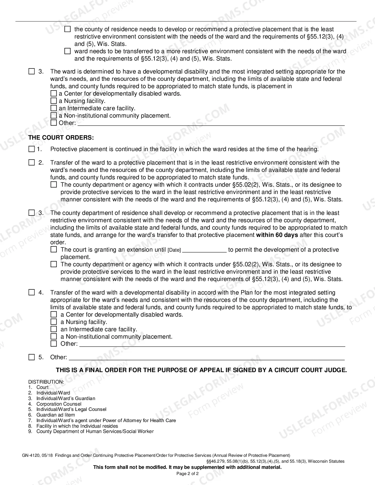 Preview Findings and Order Continuing Protective Placement - Order for Protective Services (Annual Review)