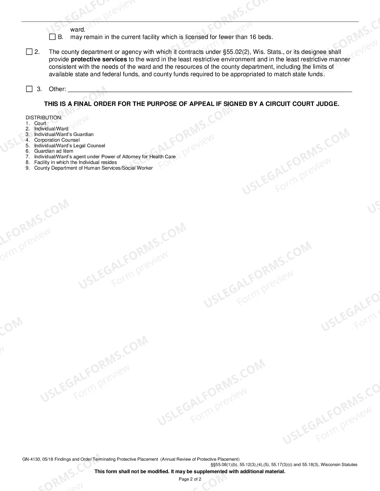 Preview Findings and Order Terminating Protective Placement (Annual Review of Protective Placement)