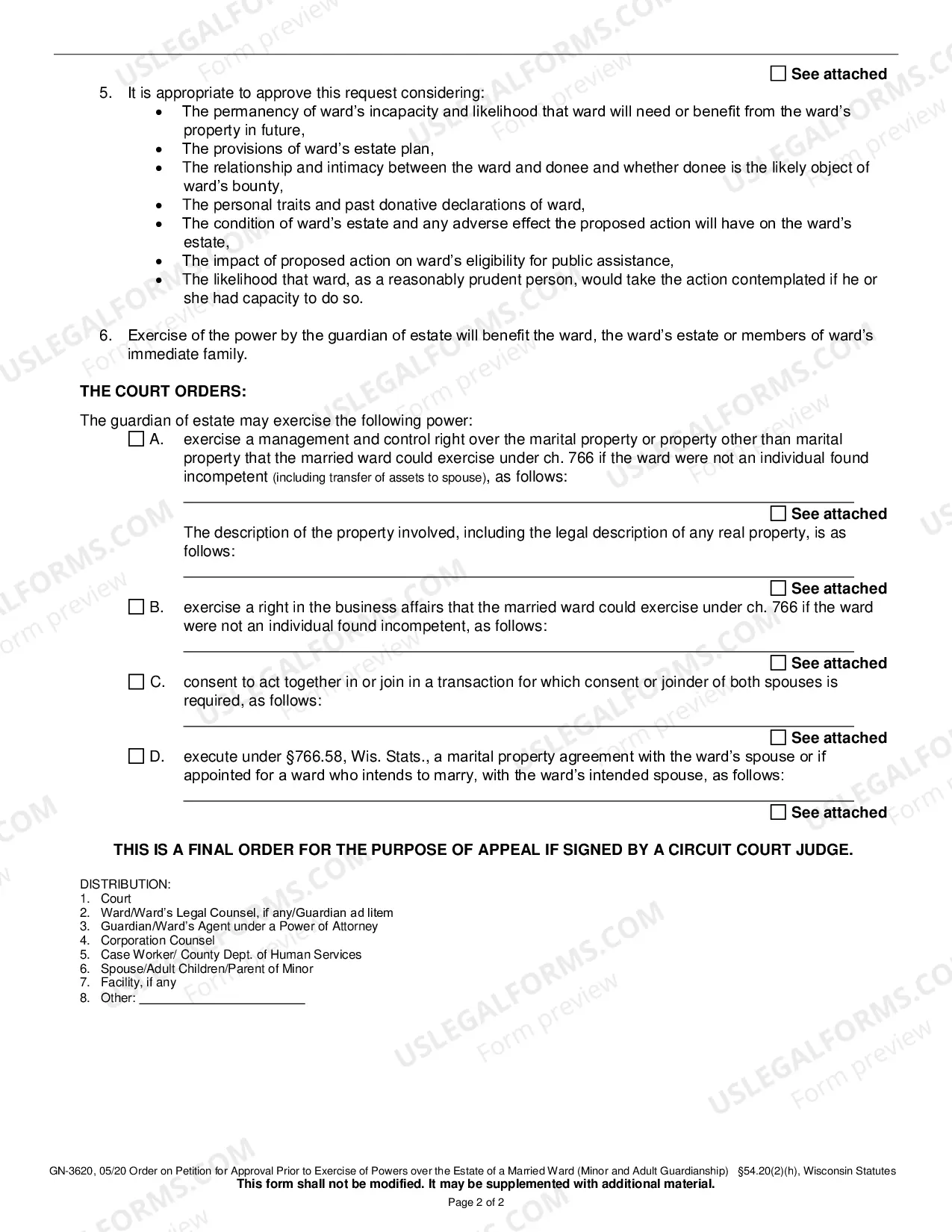 Preview Order on Petition for Approval Prior to Exercise of Powers over the Estate of a Married Ward
