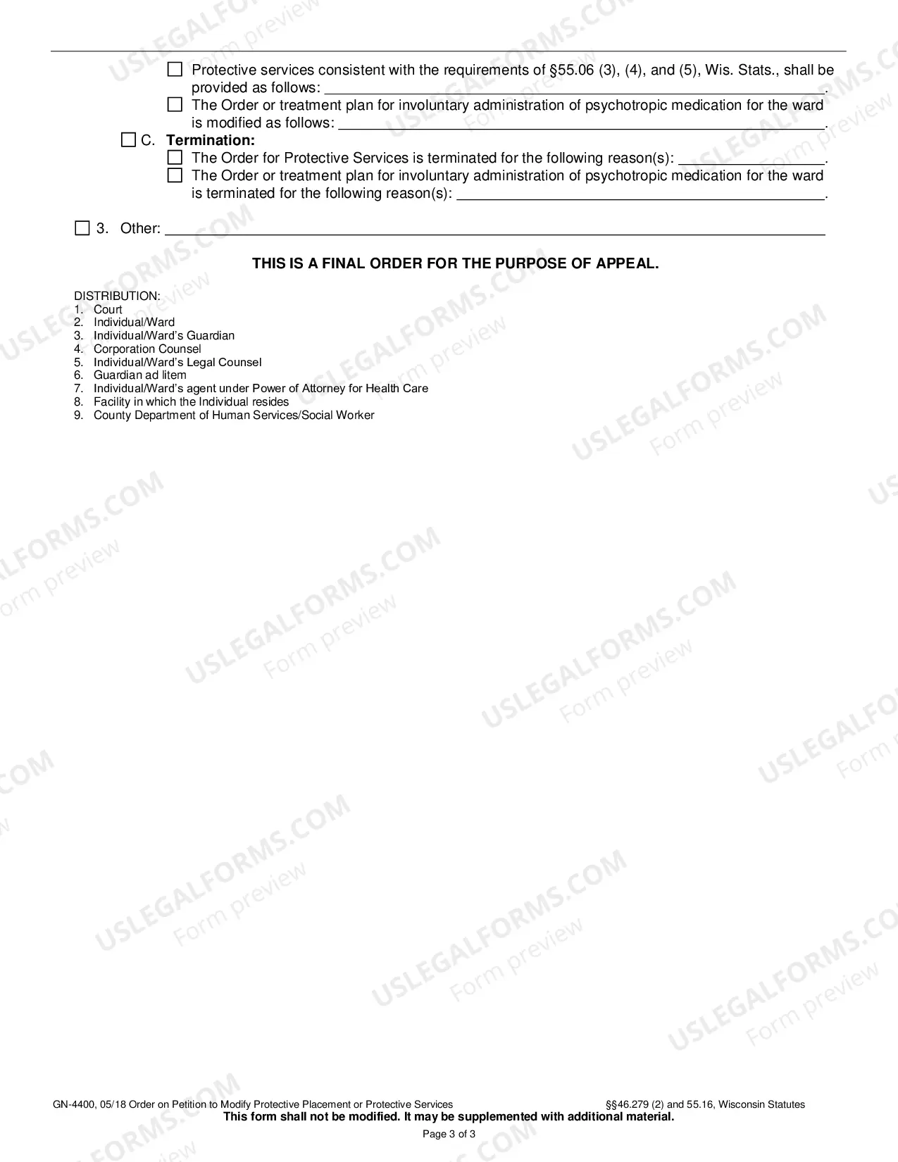 Preview Order on Petition to Modify Protective Placement or Protective Services (Other than Psychotropic Medication)