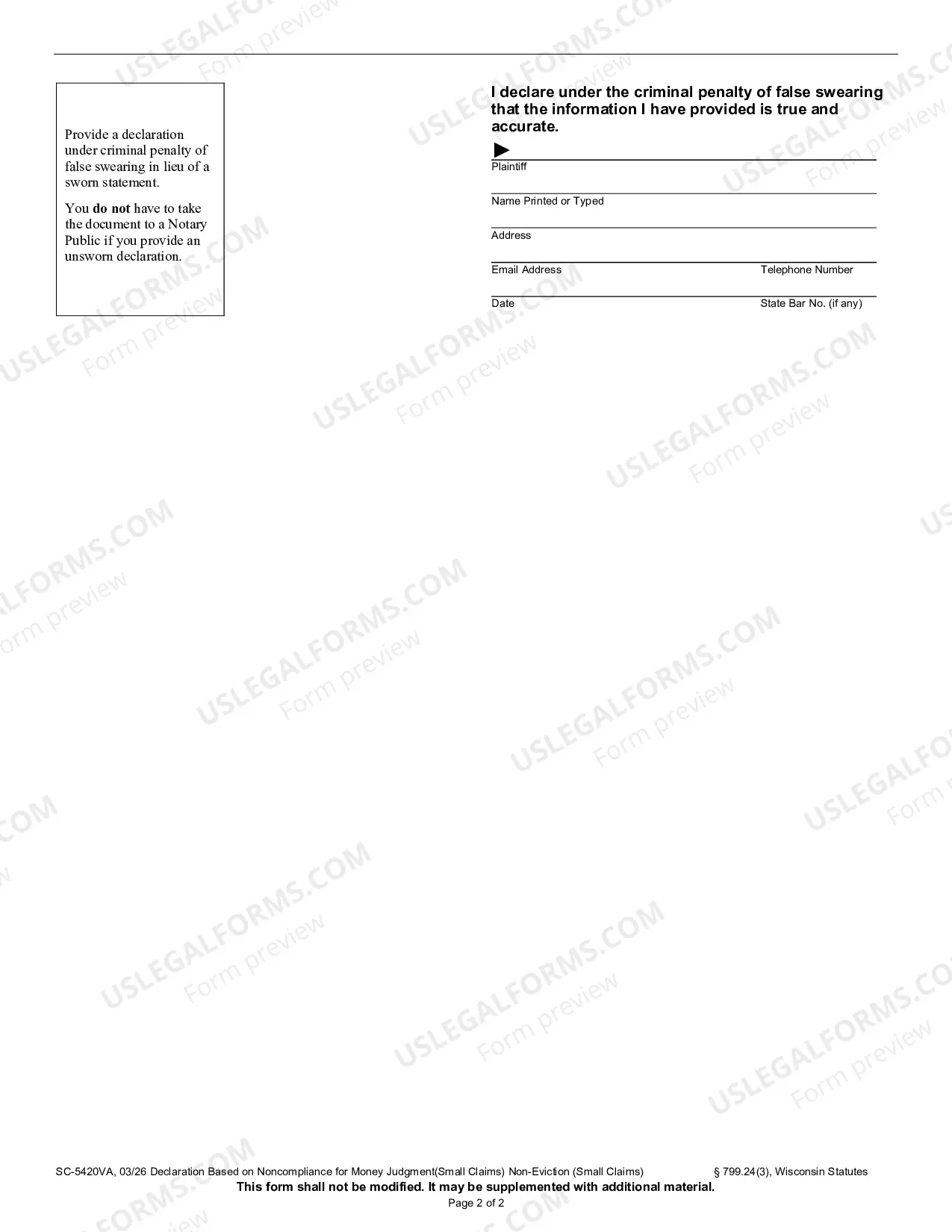 Preview Affidavit Based on Noncompliance For Money Judgment Non-Eviction (Small Claims)