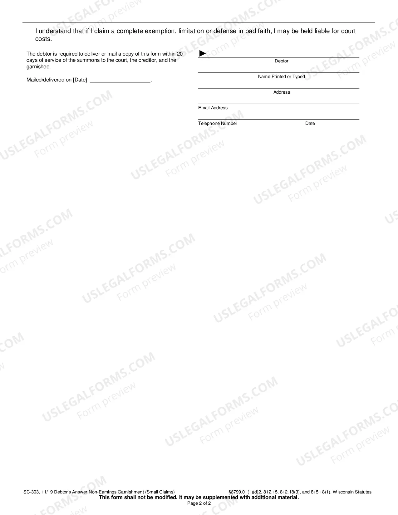 Preview Debtor's Answer Non-Earnings Garnishment (Small Claims)