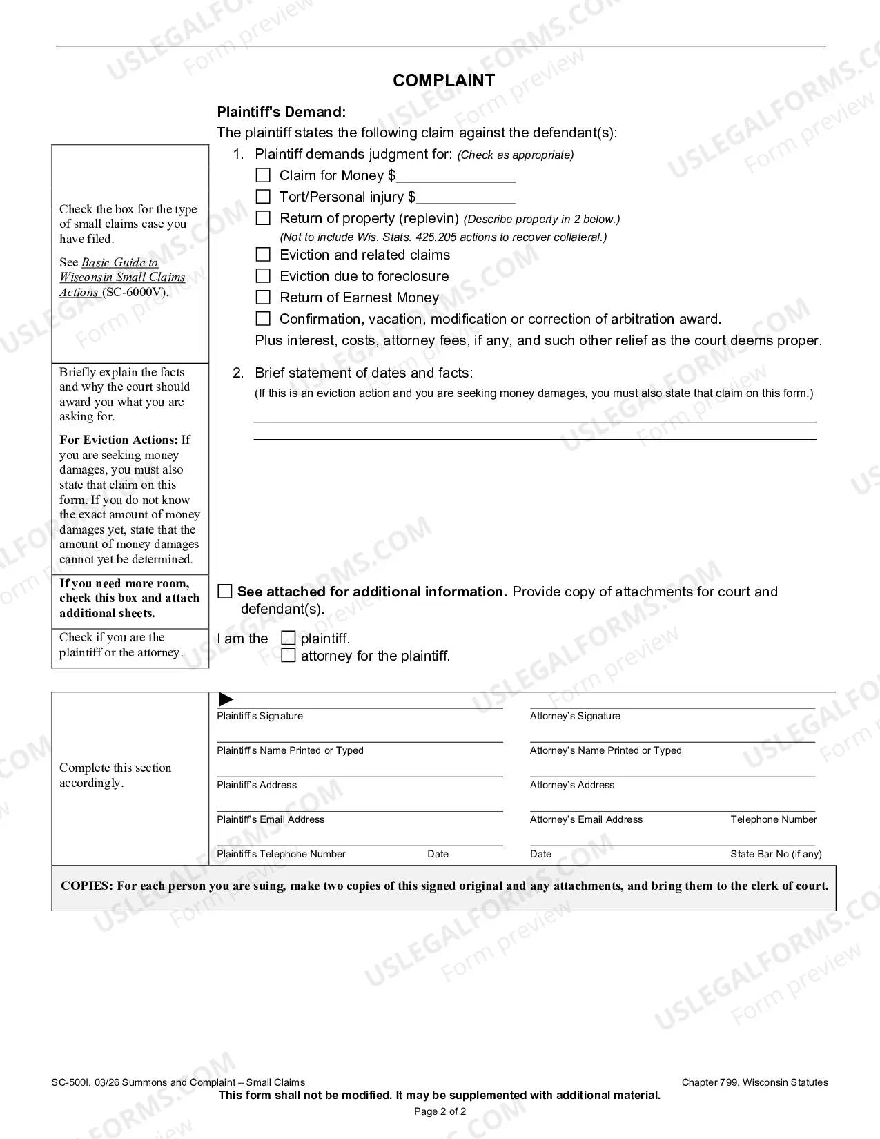 Preview Summons and Complaint (Small Claims with Instructions)
