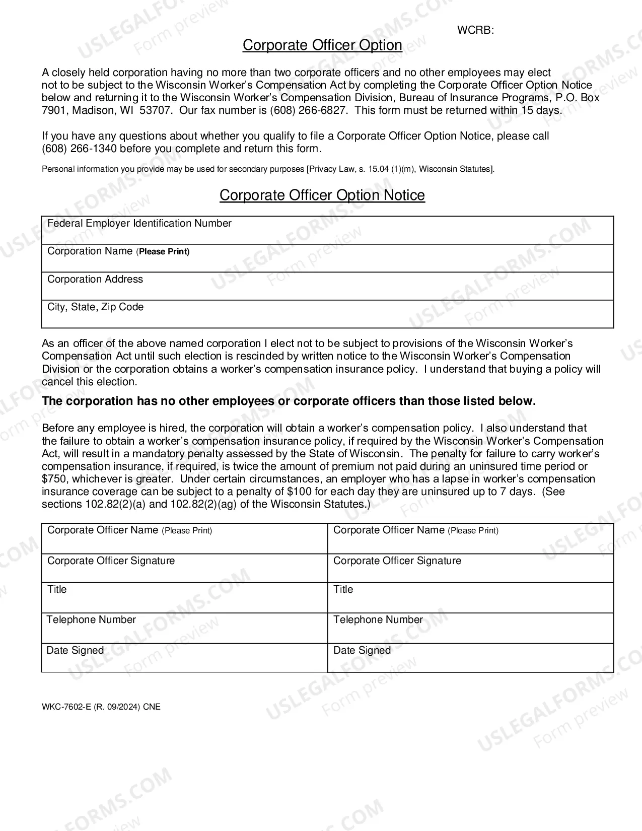 Preview Corporate Officer Option Notice