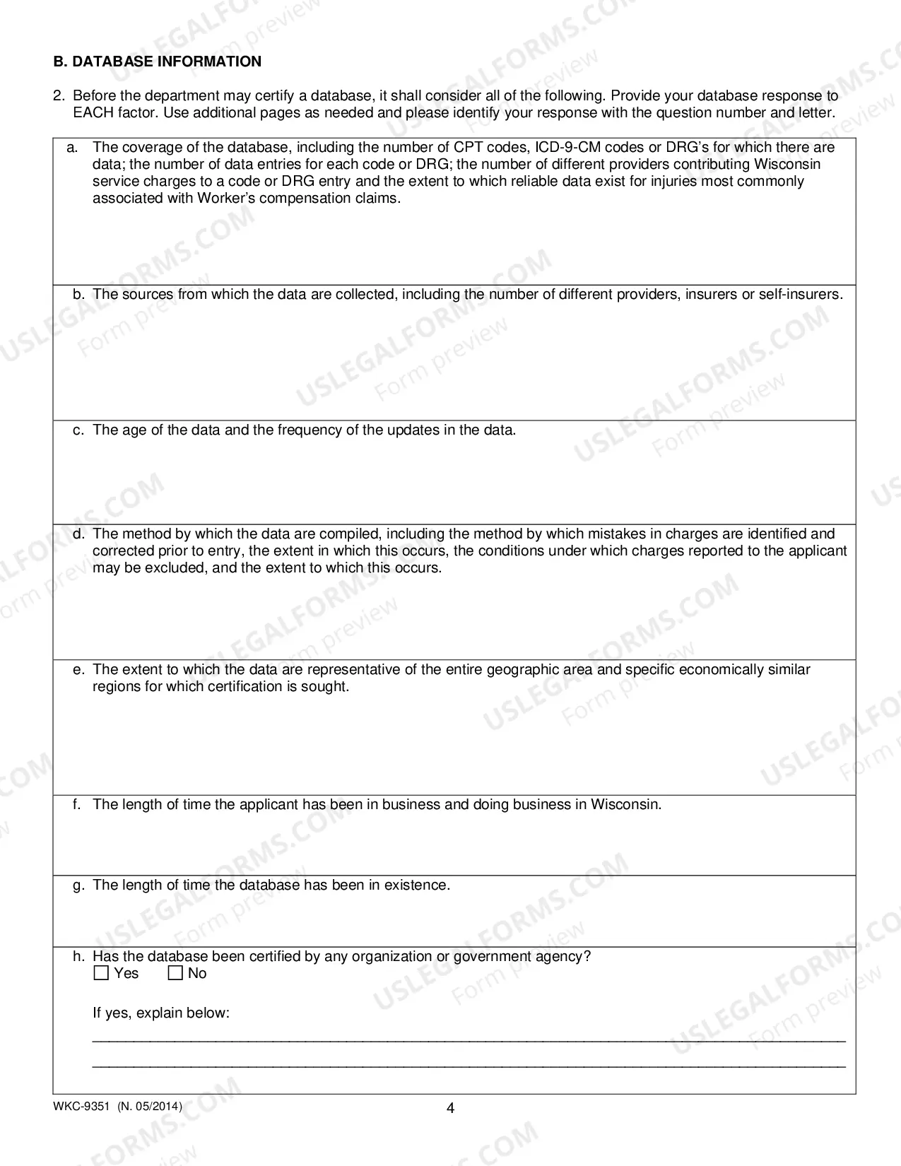 Preview Health Service Data Base Certification Application: