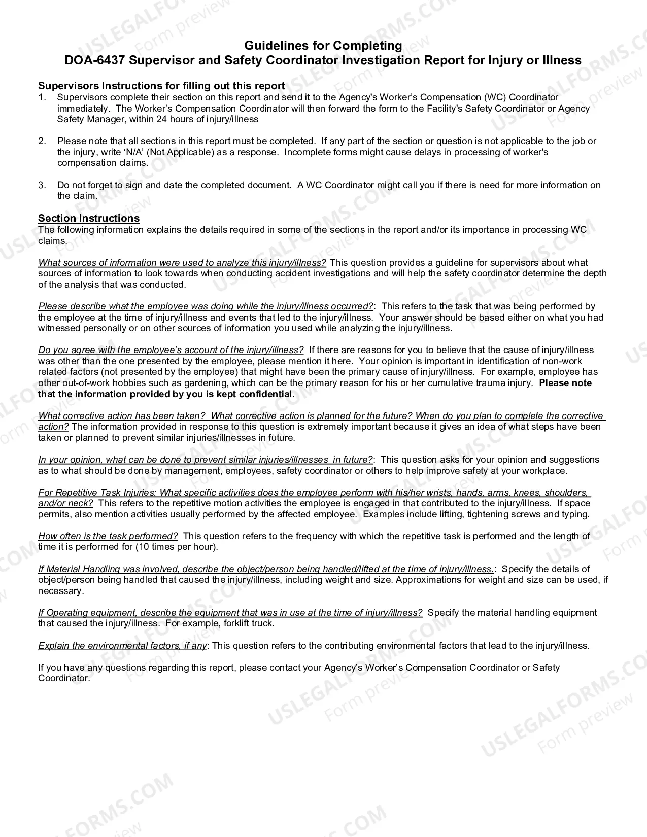 Preview Supervisor And Safety Coordinator Investigation Report For Injury Or Illness