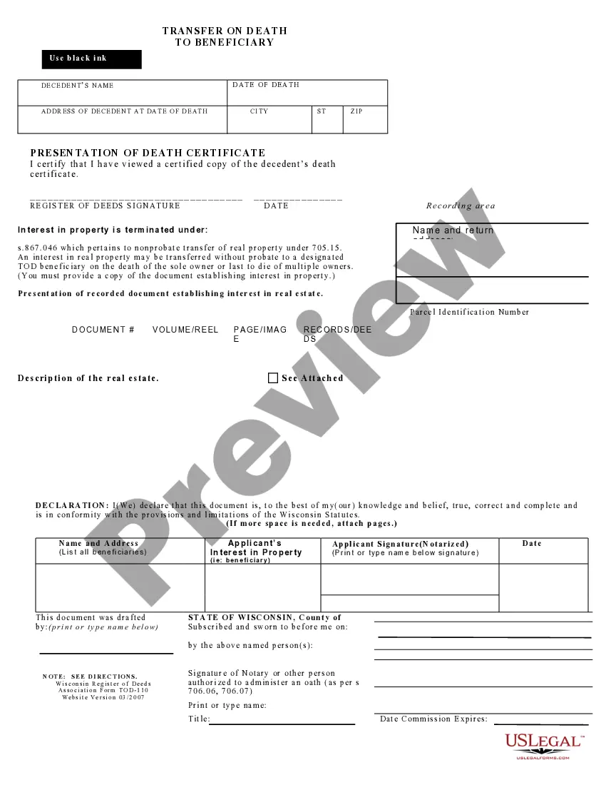 Preview Transfer on Death or TOD to Beneficiary - Official Form Used to Record Beneficiary's Interest Following Death of Grantor