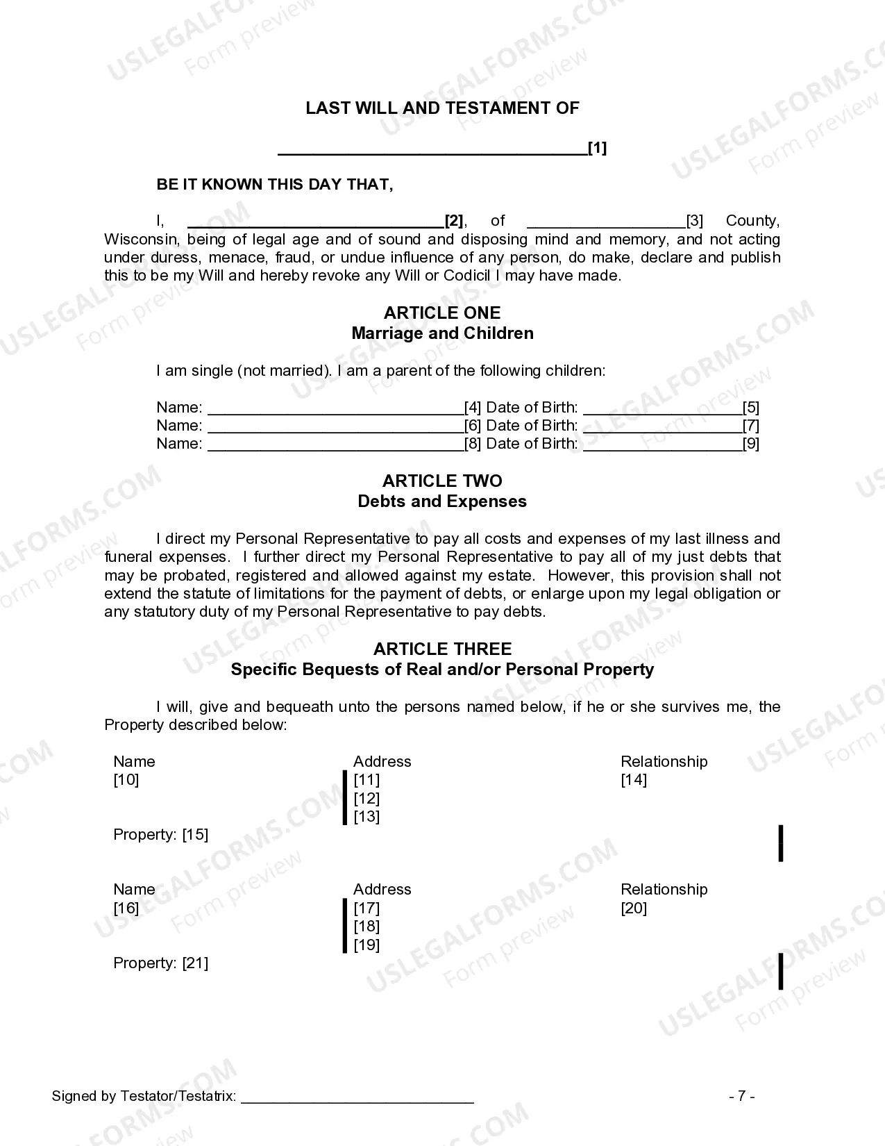Preview Last Will and Testament for a Single Person with Minor Children