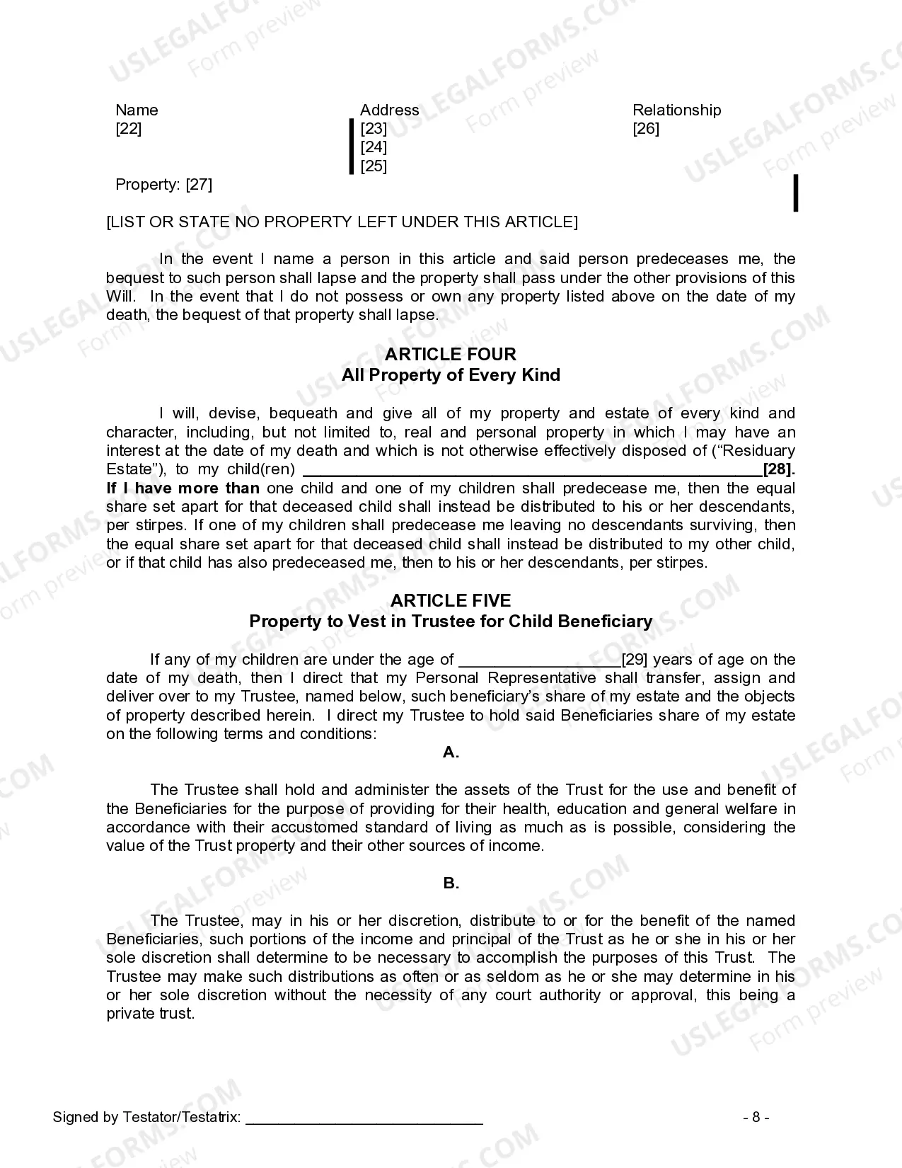 Preview Last Will and Testament for a Single Person with Minor Children