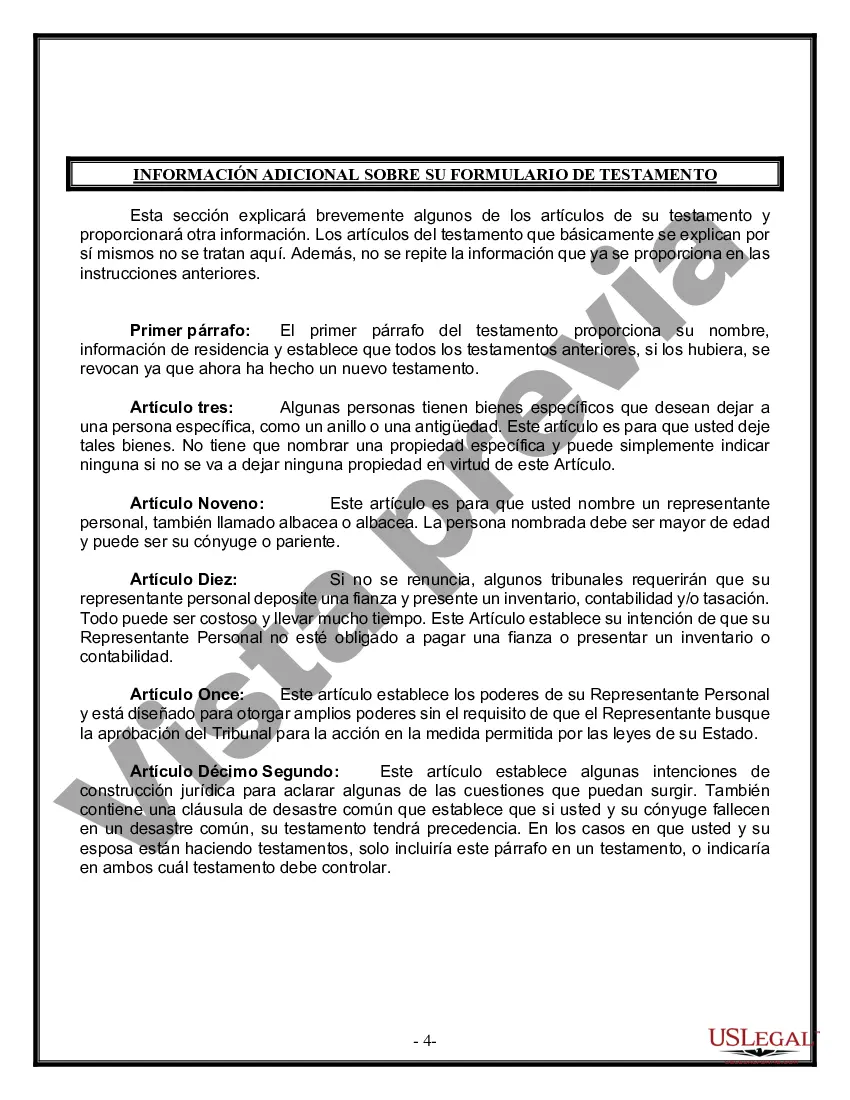 Preview Formulario Legal de Última Voluntad y Testamento para Persona Soltera con Hijos Adultos y Menores