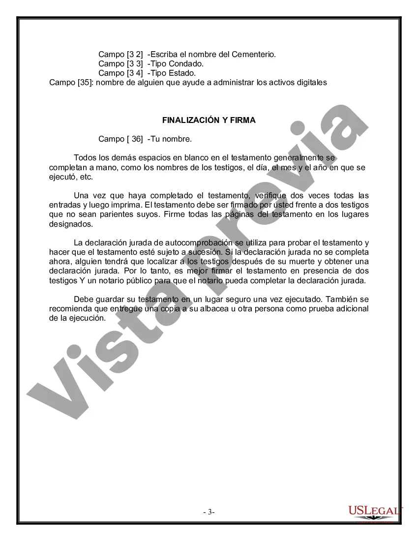 Preview Formulario Legal de Última Voluntad y Testamento para Persona Soltera con Hijos Adultos