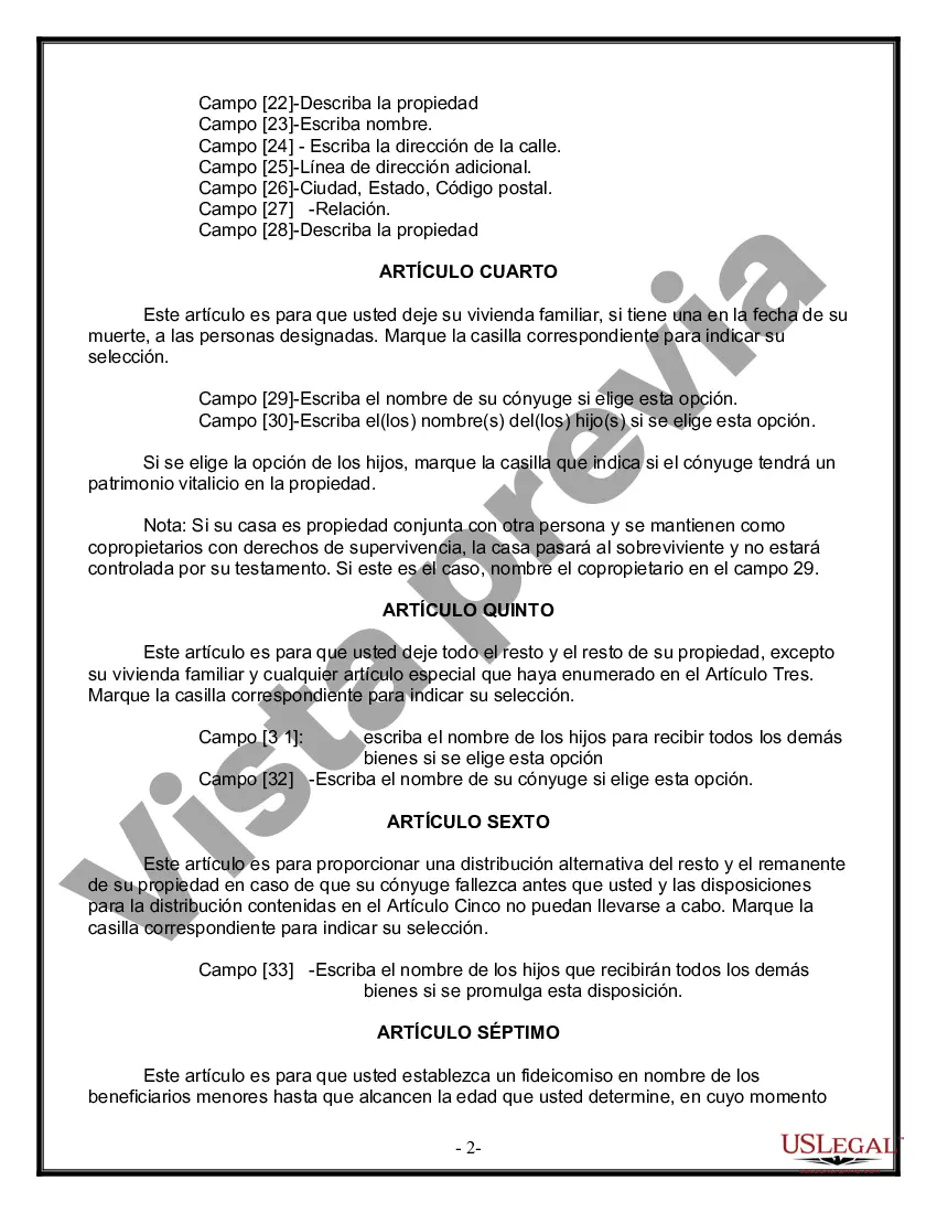 Preview Última voluntad y testamento legal para persona casada con hijos menores de edad de un matrimonio anterior