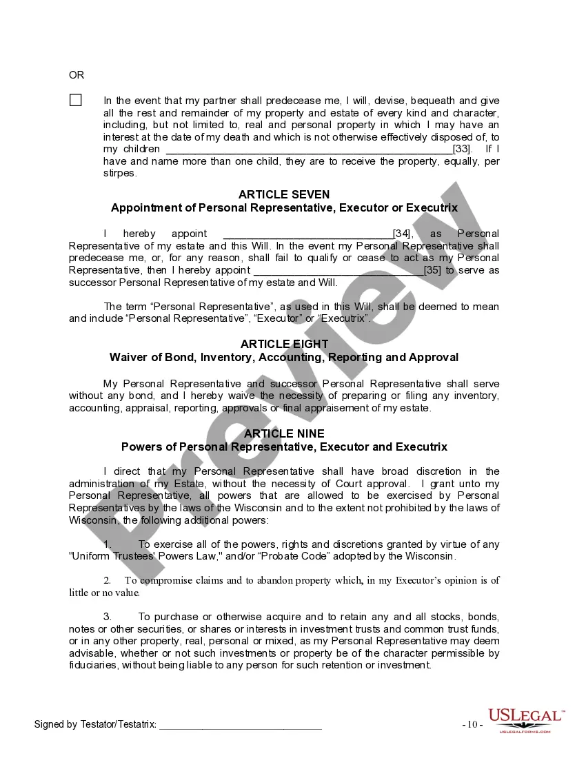 Preview Last Will and Testament for Domestic Partner with Adult Children from Prior Marriage