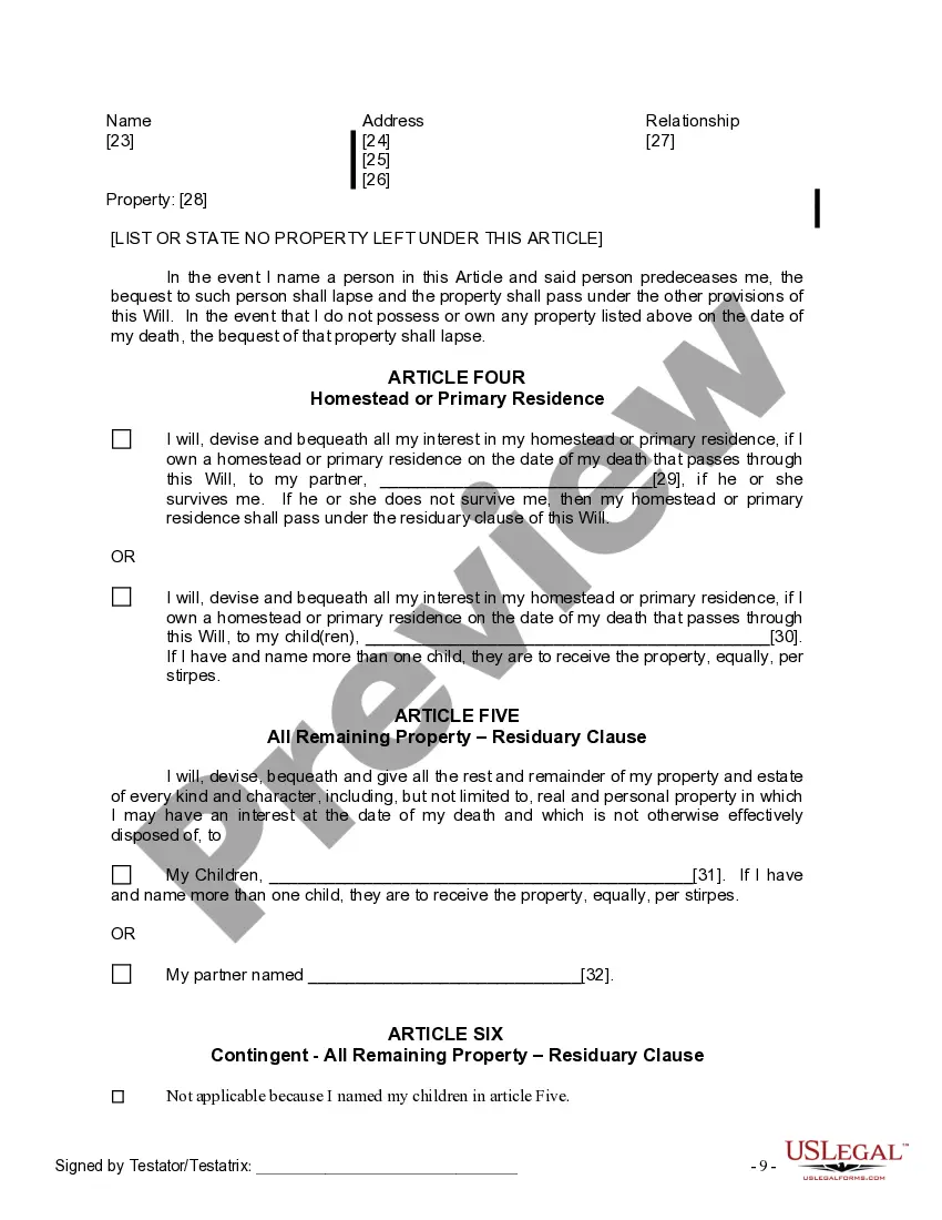 Preview Last Will and Testament for Domestic Partner with Adult Children from Prior Marriage