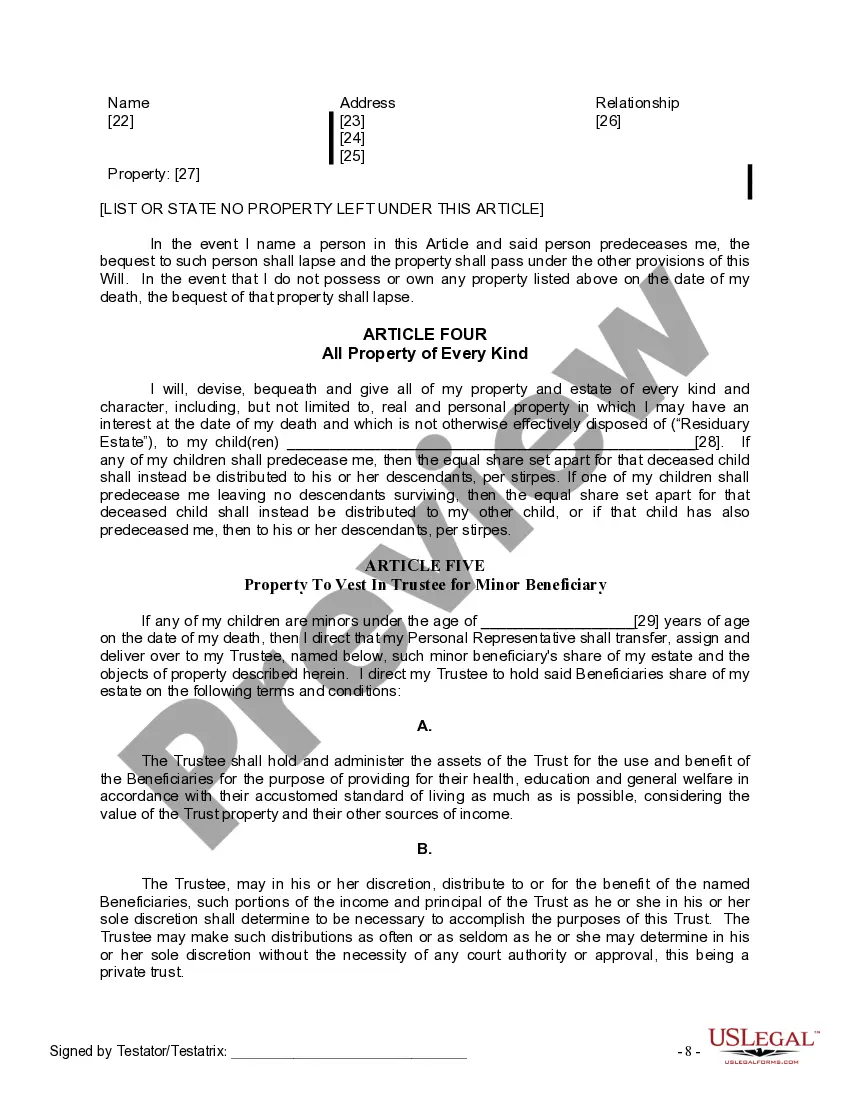 Preview Last Will and Testament for Divorced person not Remarried with Minor Children