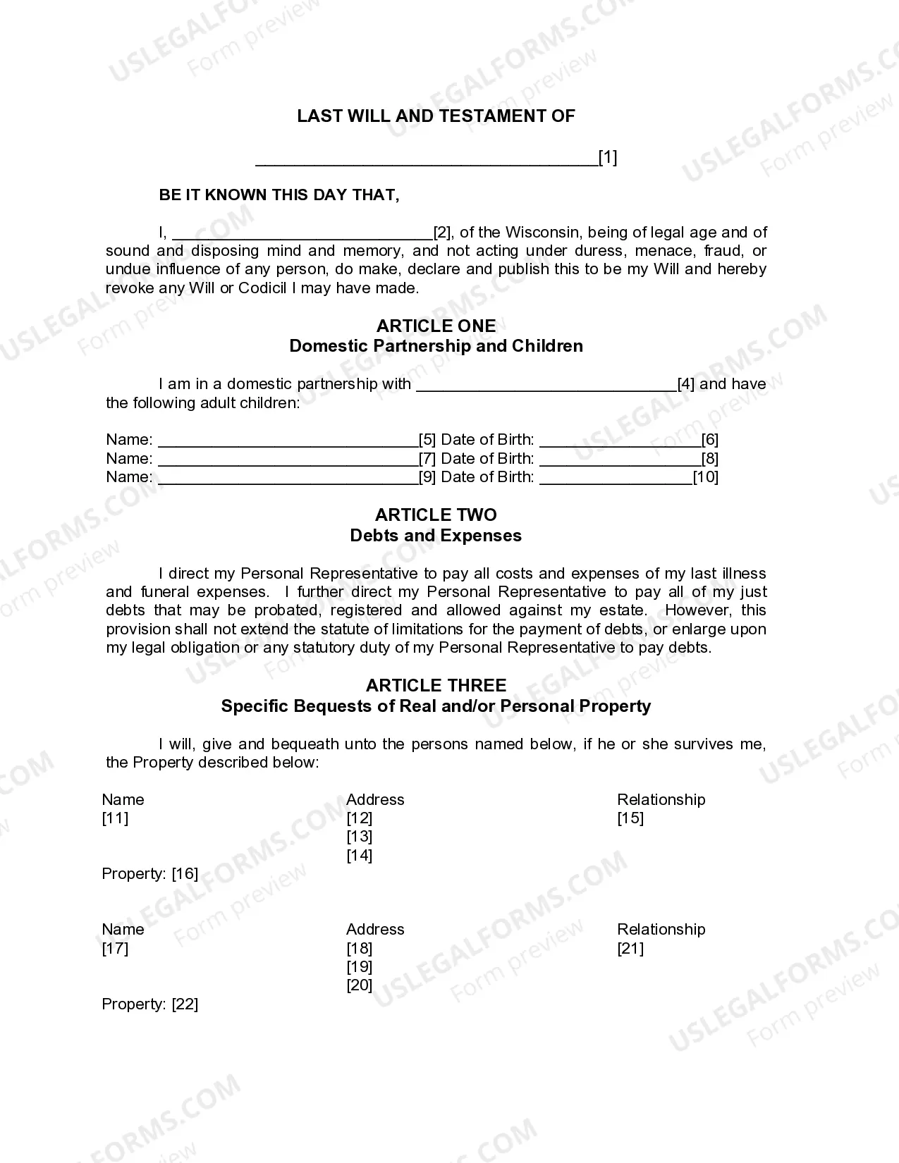 Preview Last Will and Testament for Domestic Partner with Adult Children