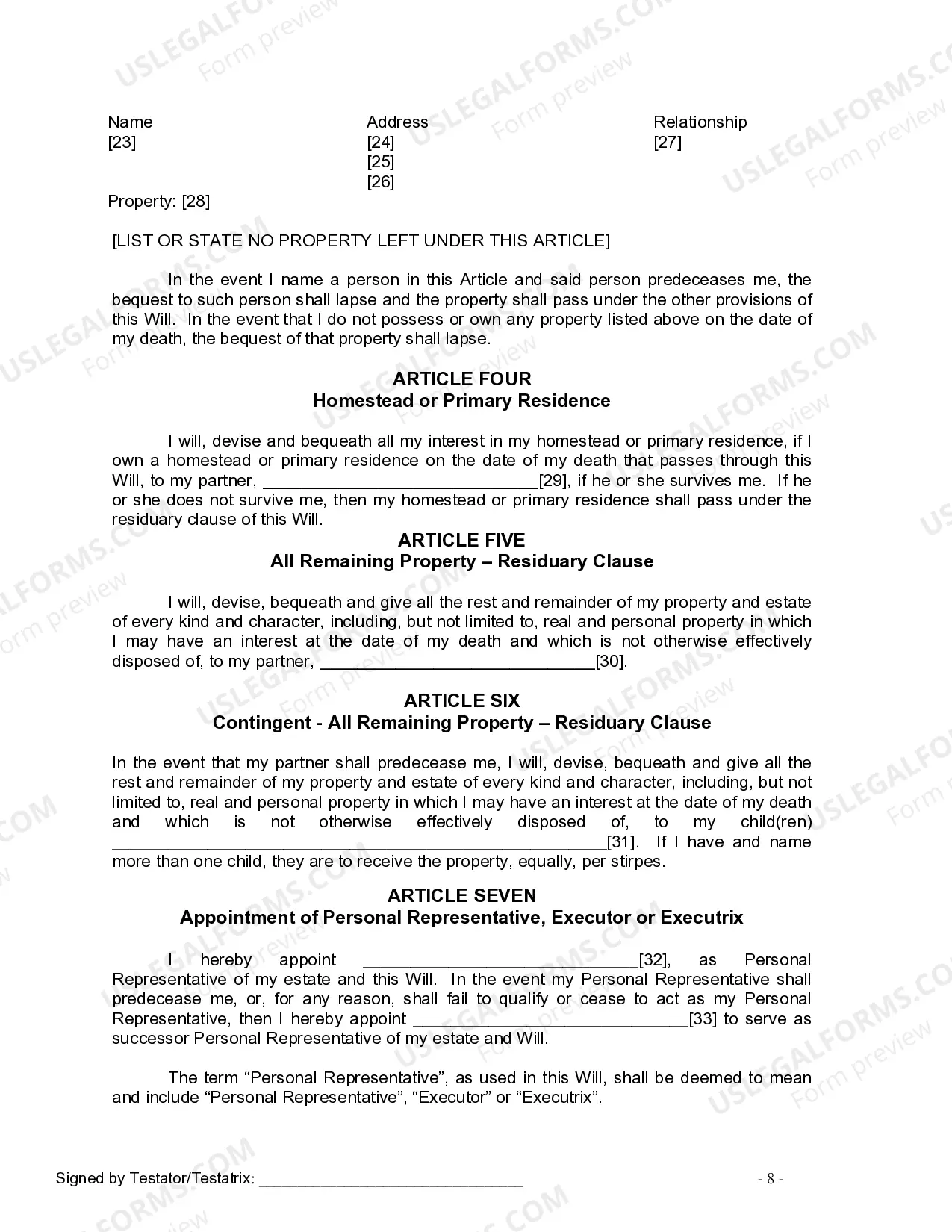 Preview Last Will and Testament for Domestic Partner with Adult Children