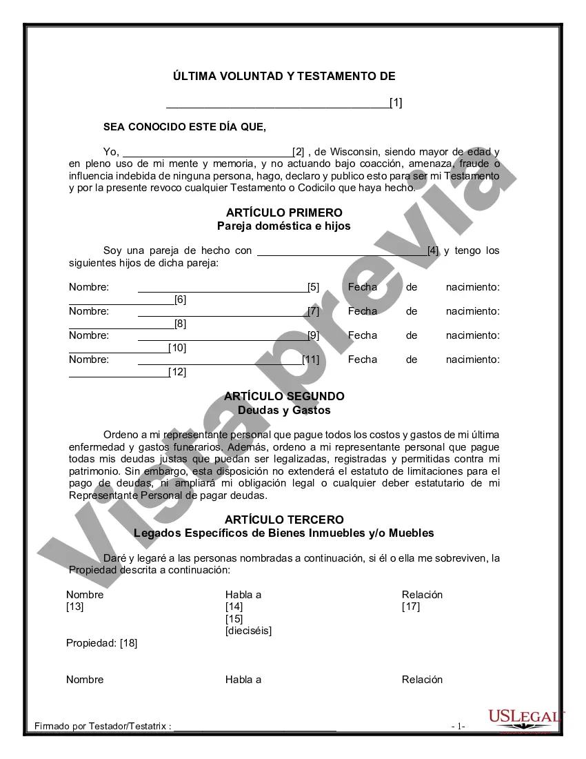 Preview Formulario de última voluntad y testamento legal para una pareja de hecho sin hijos