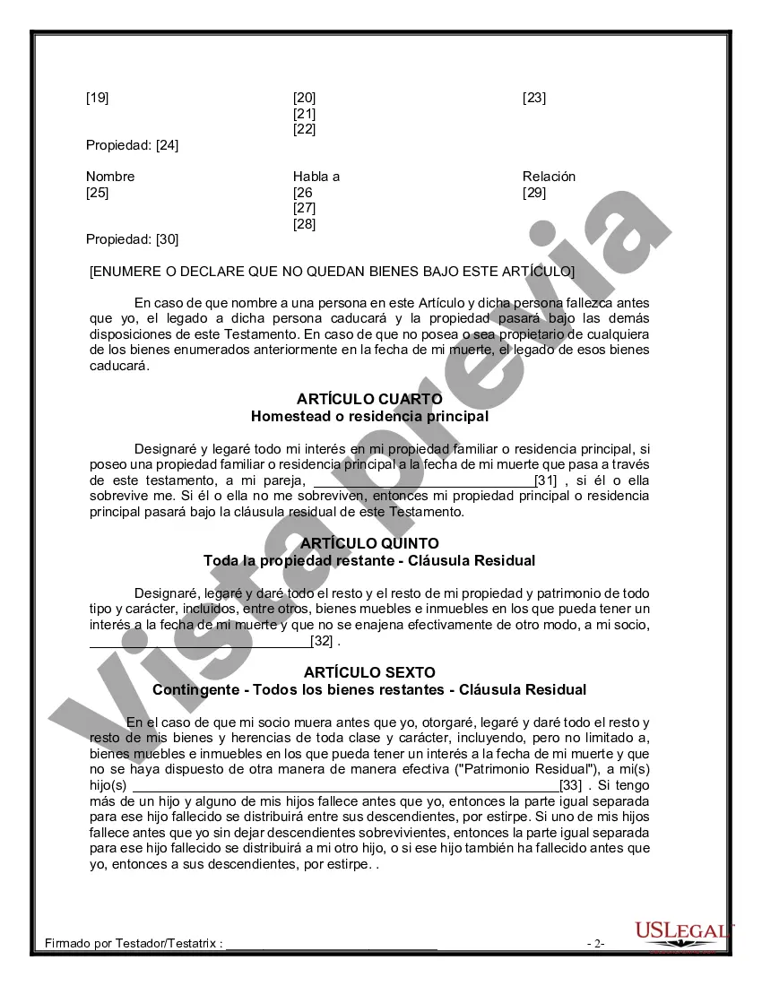 Preview Formulario de última voluntad y testamento legal para una pareja de hecho sin hijos