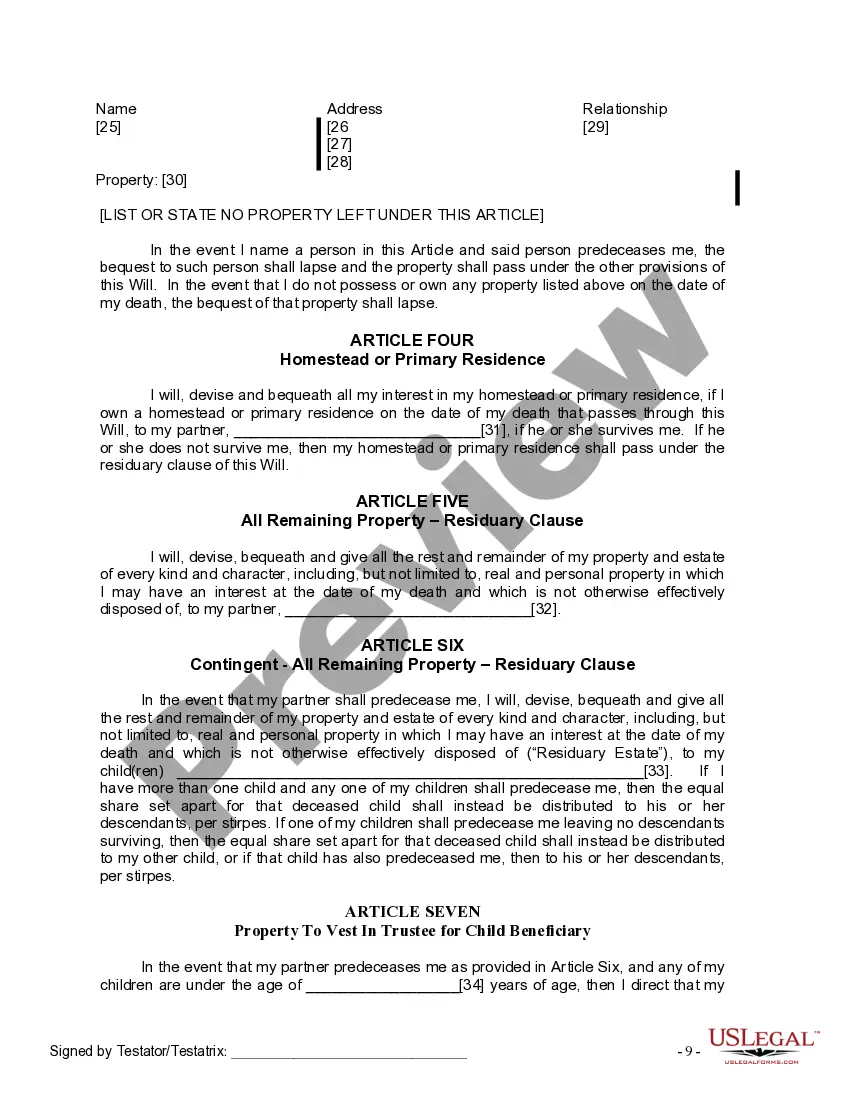 Preview Last Will and Testament for a Domestic Partner with No Children