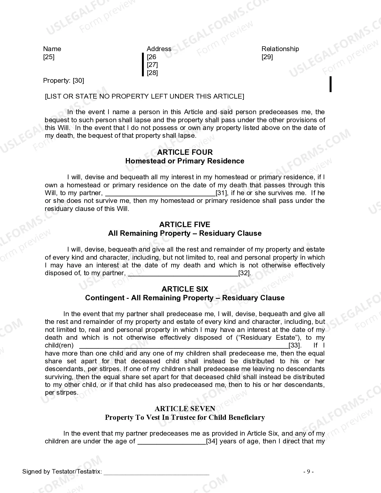 Preview Last Will and Testament for Domestic Partner with Minor Children