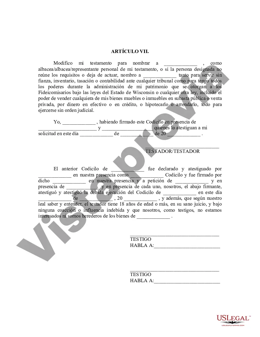 Preview Codicilo al formulario de testamento para enmendar su testamento - Cambios o enmiendas de testamento