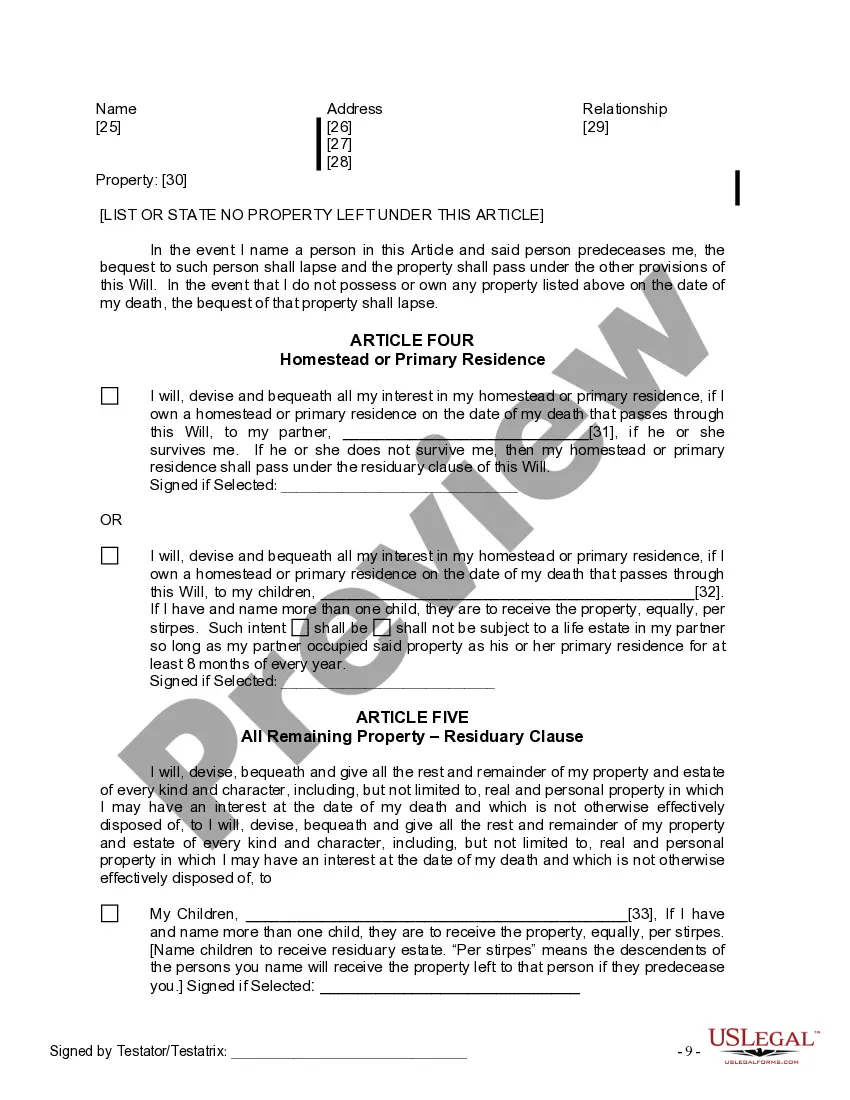 Preview Last Will and Testament for Domestic Partner with Adult and Minor Children from Prior Marriage