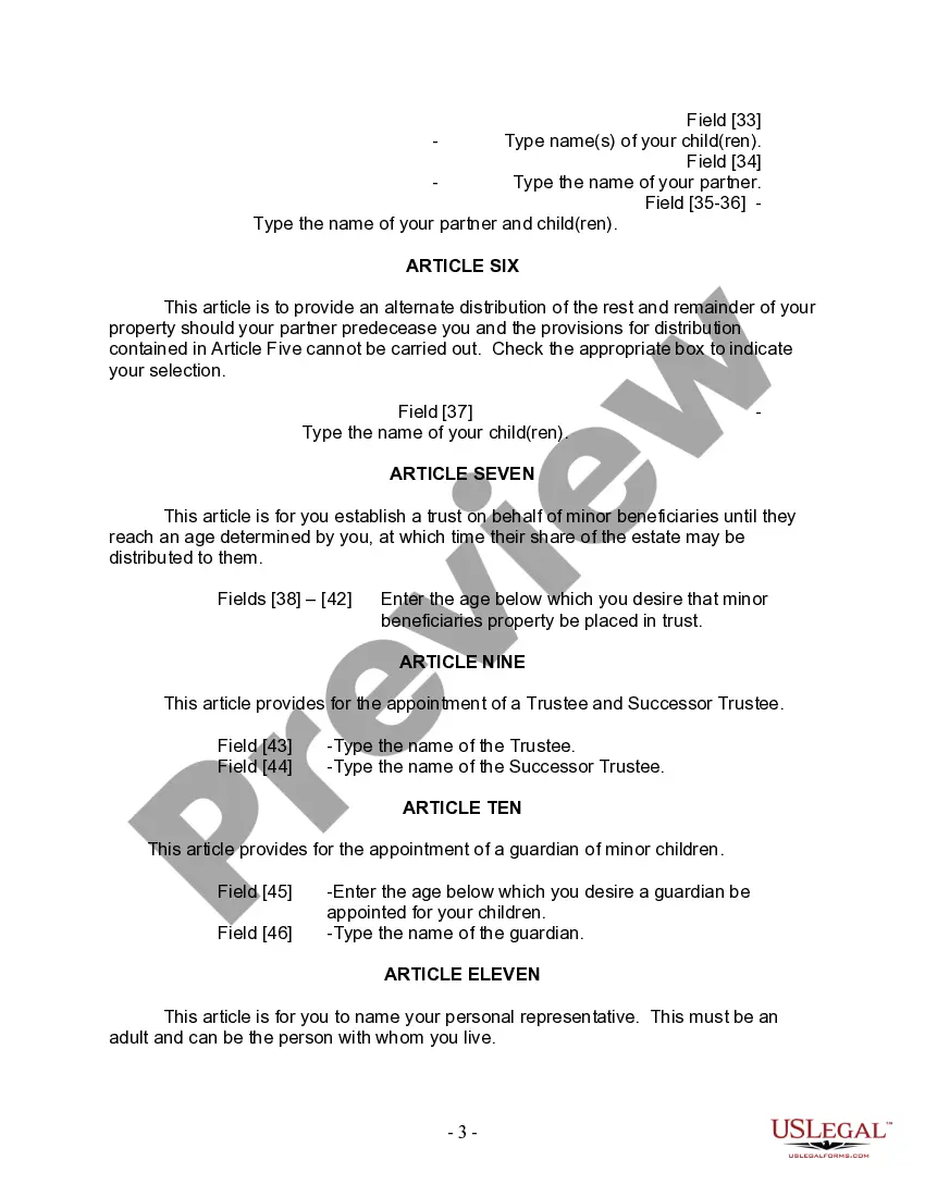 Preview Last Will and Testament for Domestic Partner with Adult and Minor Children from Prior Marriage