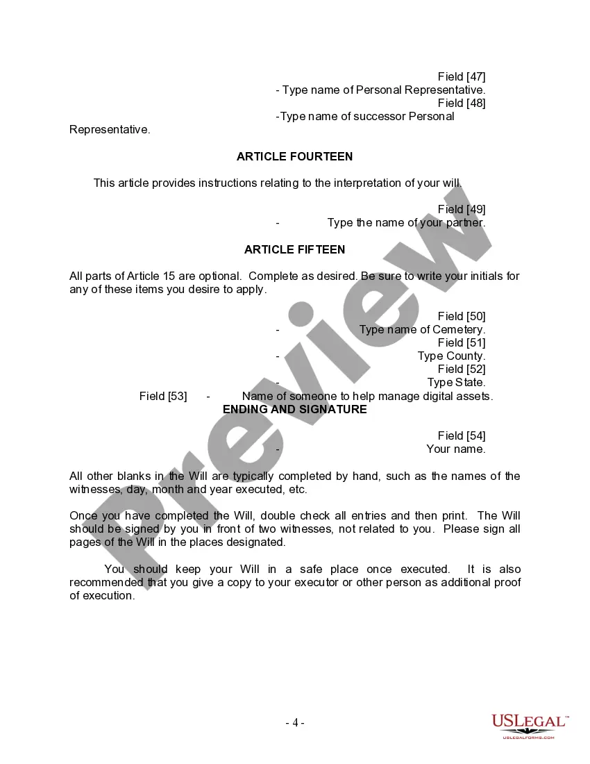 Preview Last Will and Testament for Domestic Partner with Adult and Minor Children from Prior Marriage