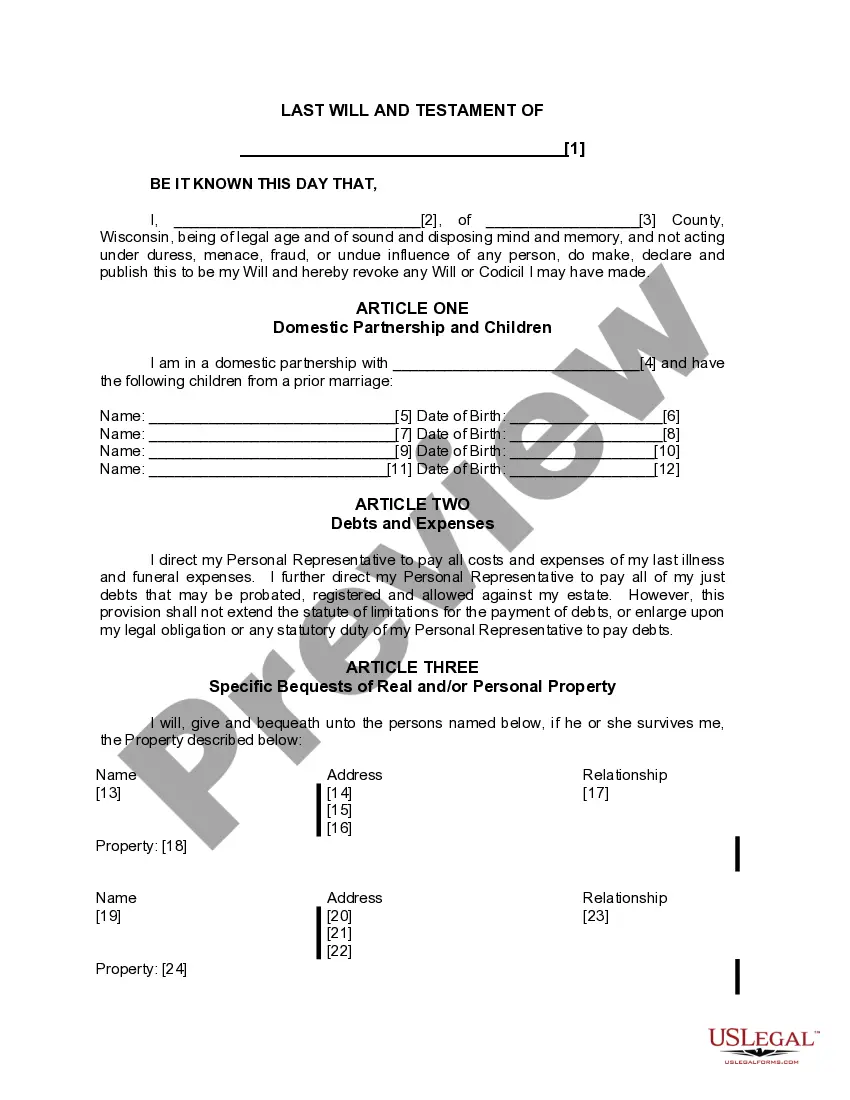 Preview Last Will and Testament for Domestic Partner with Adult and Minor Children from Prior Marriage