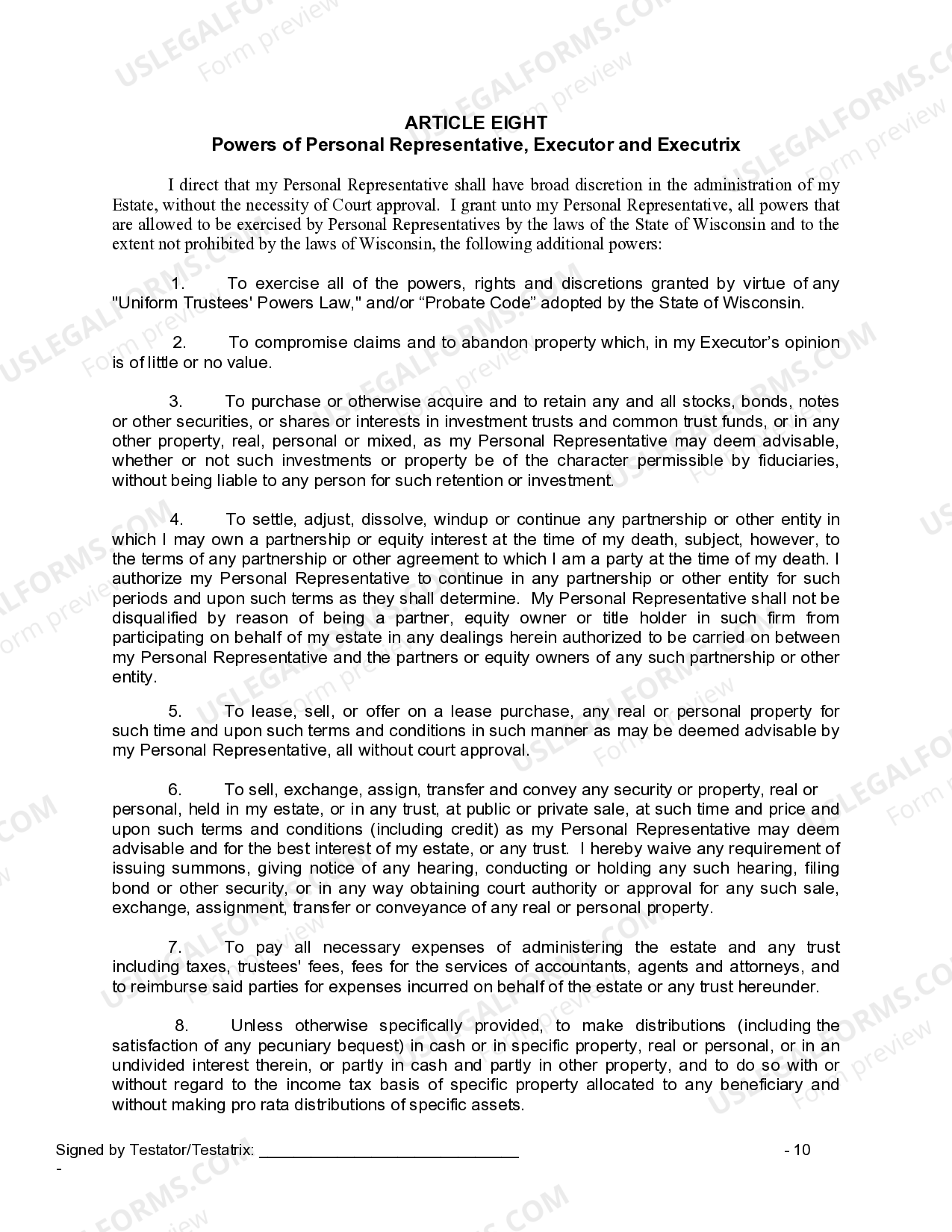 Wisconsin Legal Last Will and Testament Form for a Widow or Widower ...