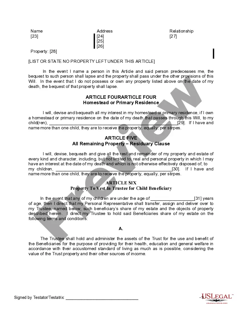 Preview Last Will and Testament for Widow or Widower with Minor Children