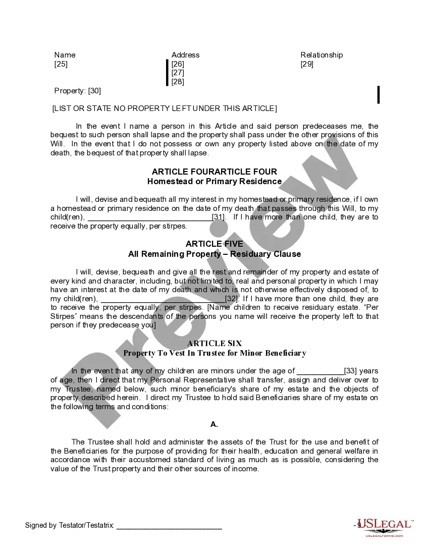 Preview Last Will and Testament for a Widow or Widower with Adult and Minor Children