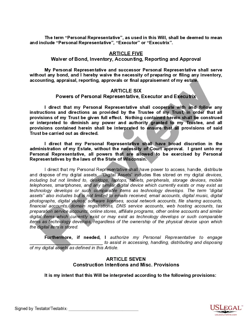 Preview Last Will and Testament with All Property to Trust called a Pour Over Will