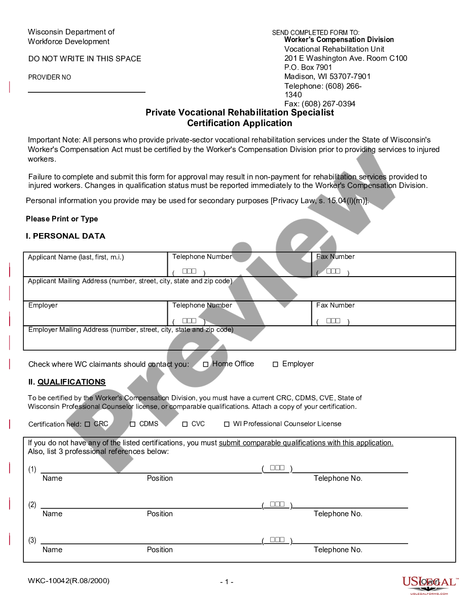 form Rehab Specialist Certification Application for Workers' Compensation preview