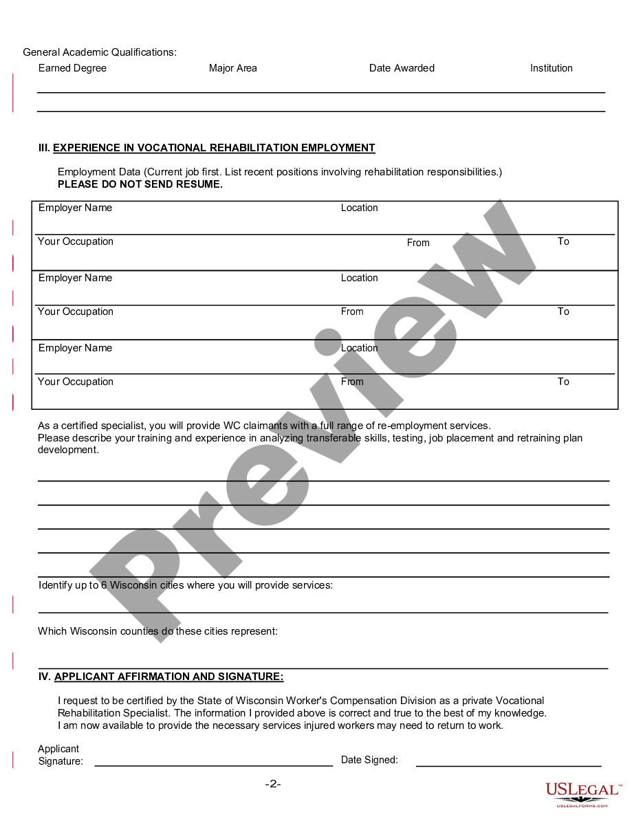 form Rehab Specialist Certification Application for Workers' Compensation preview