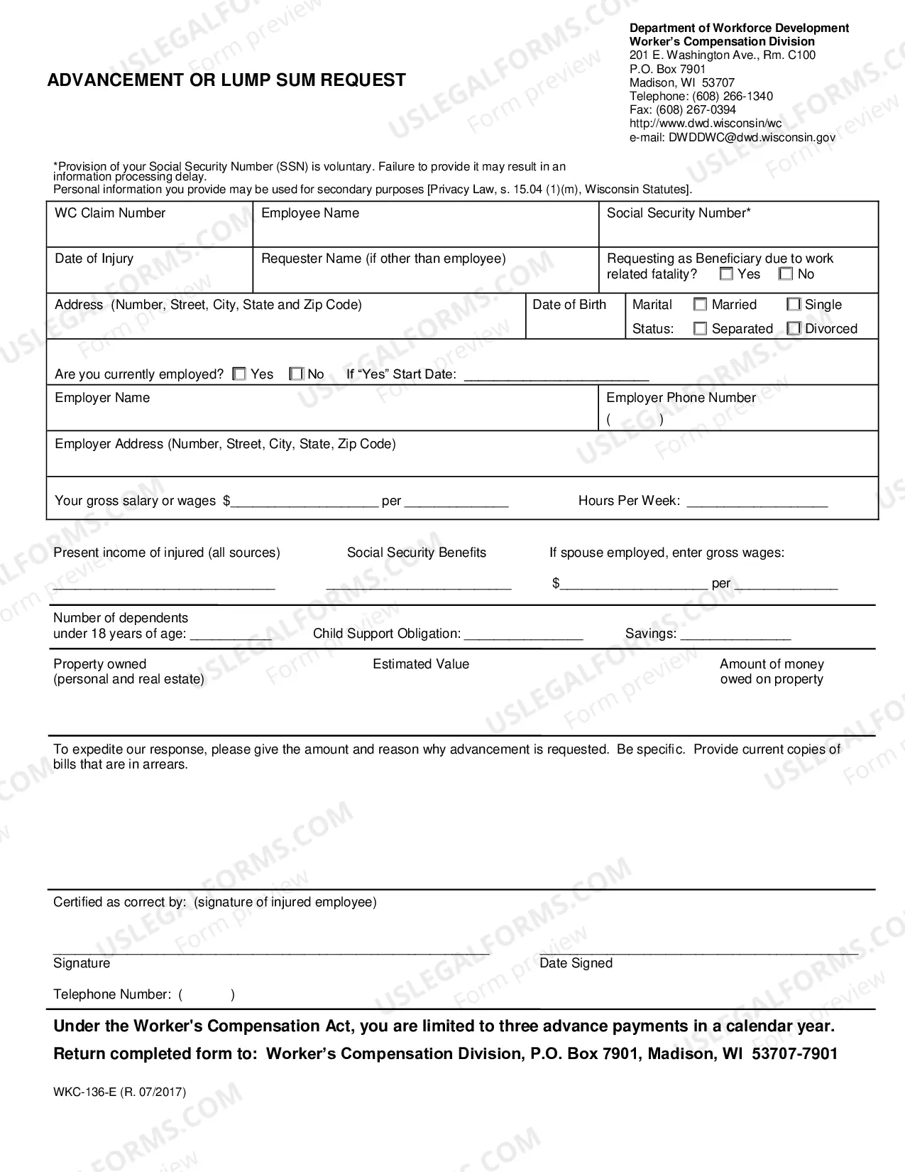 Preview Advancement or Lump Sum Request for Workers' Compensation
