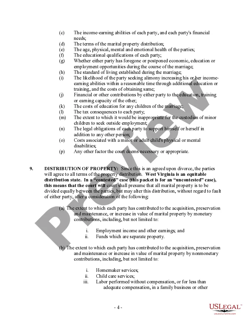 Preview West Virginia No-Fault Uncontested Agreed Divorce Package for Dissolution of Marriage with Adult Children and with or without Property and Debts
