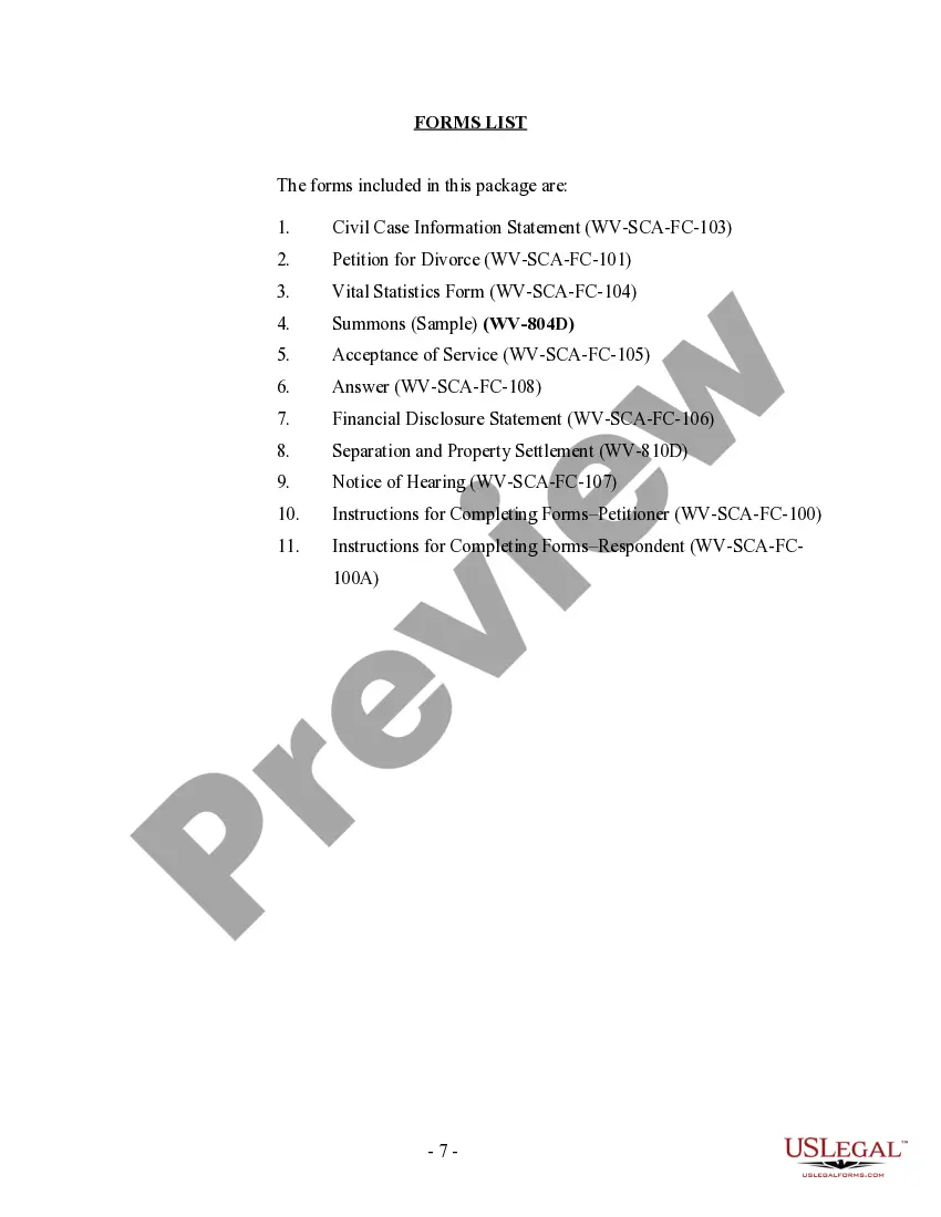 Preview West Virginia No-Fault Uncontested Agreed Divorce Package for Dissolution of Marriage with Adult Children and with or without Property and Debts