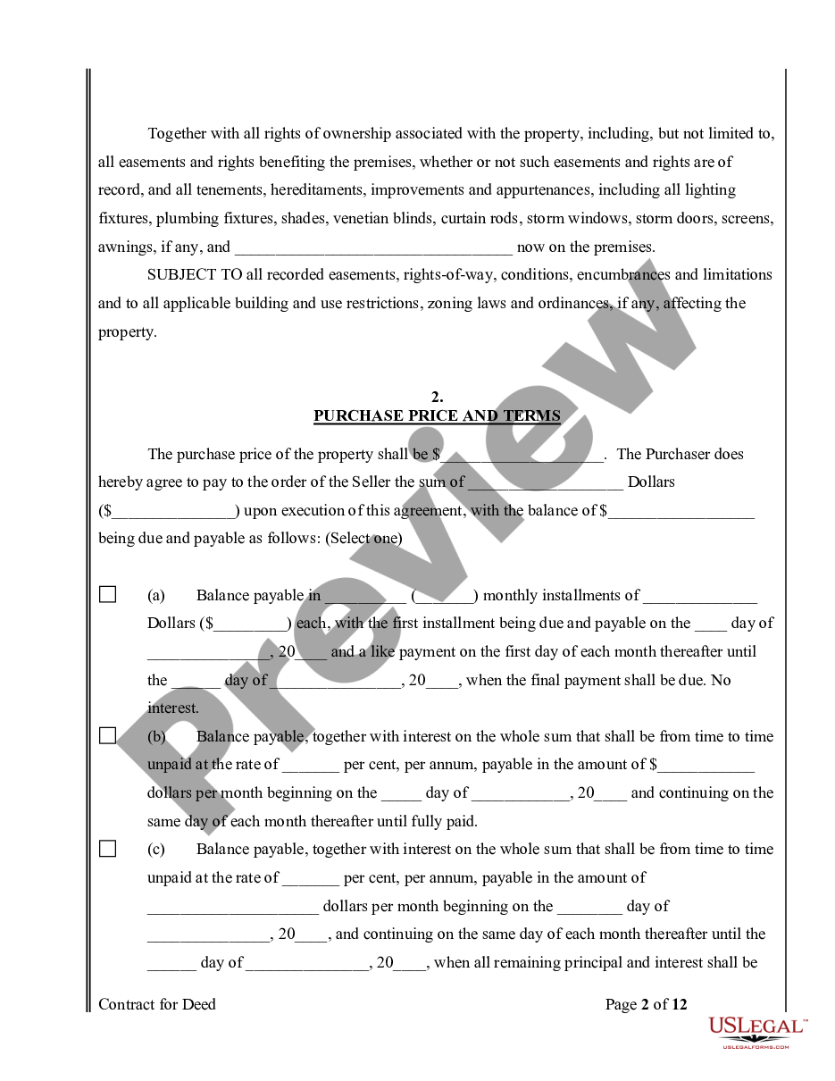 page 1 Agreement or Contract for Deed for Sale and Purchase of Real Estate a/k/a Land or Executory Contract preview